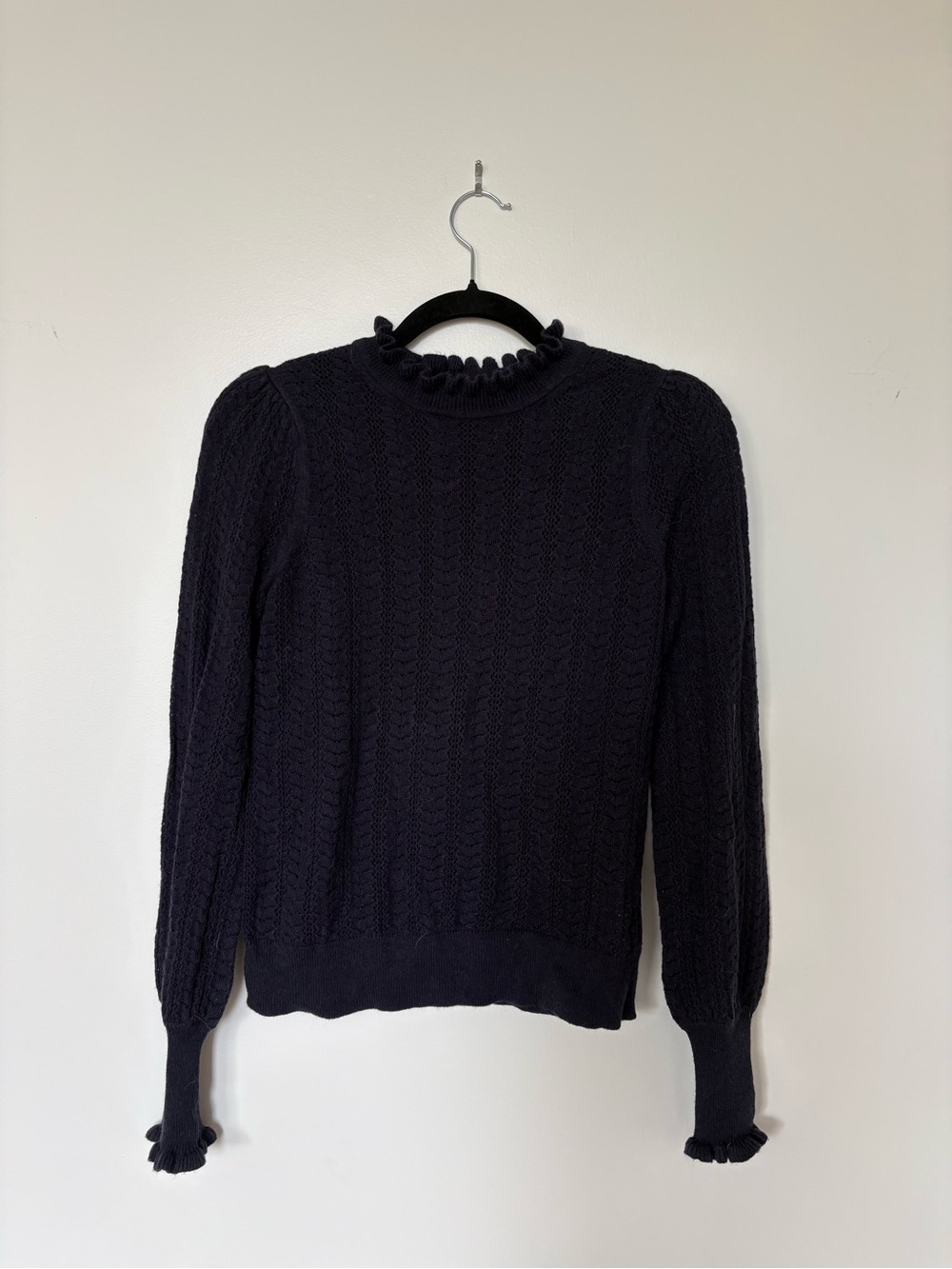 Boden Navy Ruffle Mock Neck Cable Knit Sweater
